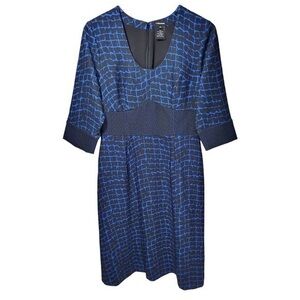 J. Peterman Empire Waist Abstract Print 1/2 Sleeves Midi Dress in Blue/Black